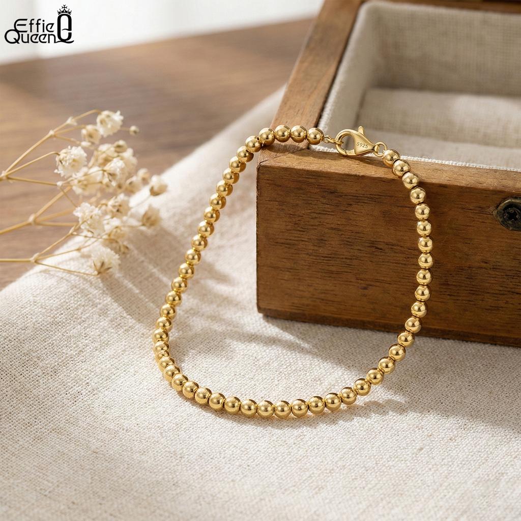 EFFIE QUEEN 100% 925 Sterling Silver 2.5mm Flat Beads Chain Bracelet Simple Daily Jewelry for Women Men Wedding Party Gift SB124
