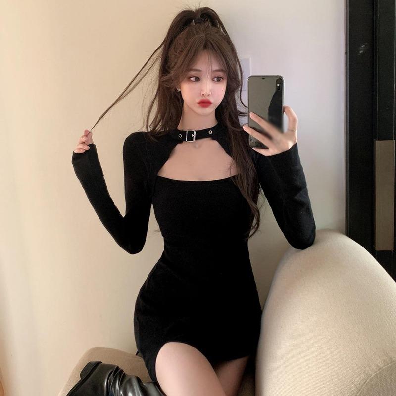 Solid Color Women's Midi Dress Club Dress Bodycon Dress Square Neck Side Split Slim Fit Hollow Out Party Dress