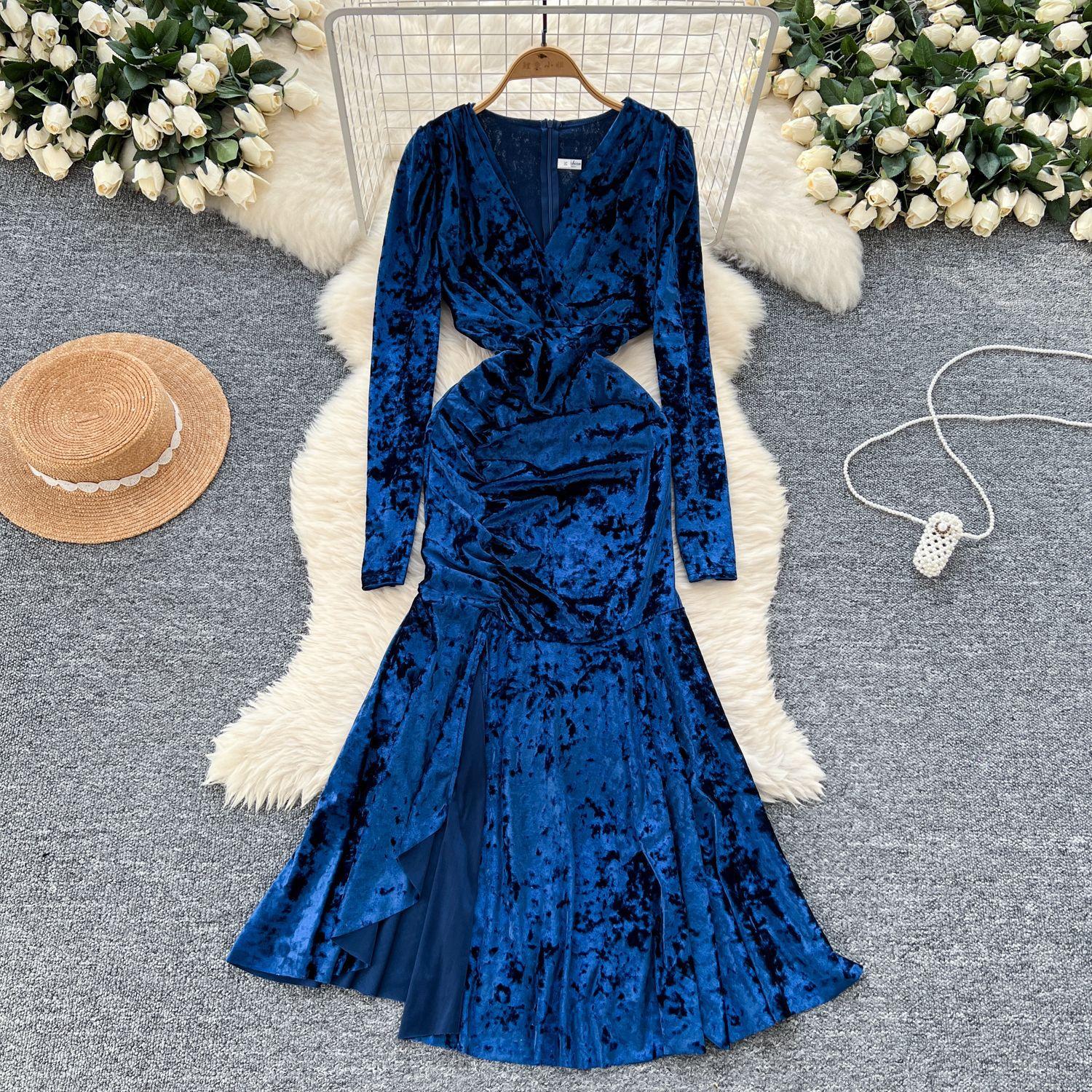 

Женские платья для темперамента, платья для банкетов премиум-класса Sense, сексуальное платье-платье из бархата с V-образным вырезом и складками на талии S синий