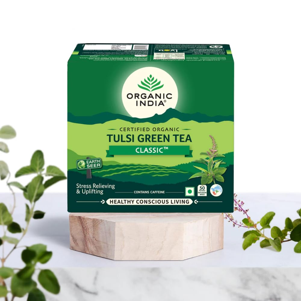ORGANIC INDIA Tulsi Green Classic 50 Tea Bags With Antioxidant-Rich Blend For Refreshing Daily Wellness And Smooth Green Tea Experience