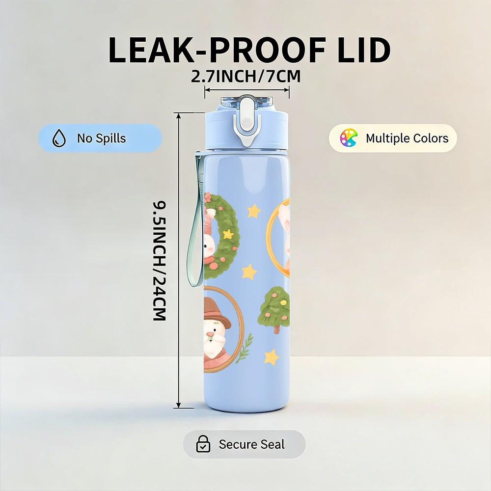 1PC Christmas Wreath Santa Figure Pattern 750ml Color Plastic Sports Water Bottle Leakproof Flip Straw Lid Suitable for Sports Office Home Use