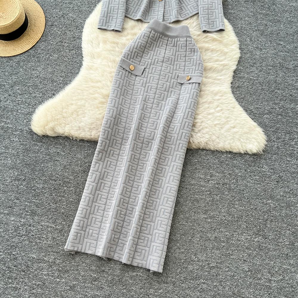 Autumn Winter Women Designer Knitted Sweater Two Piece Set Blazer Collar Cardigans Coat and Long Maxi Sheath Skirt Outfits With Belt