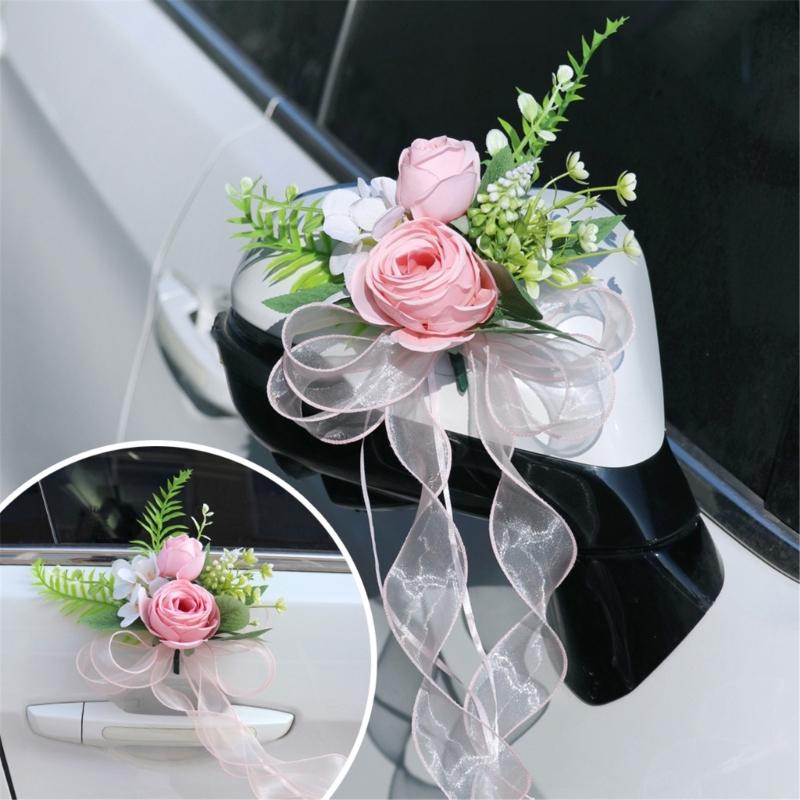 Elegant Blue Bridal Car Mirror Plant Ornament Synthetic Cloth Arrangement For Outdoor Wedding Event