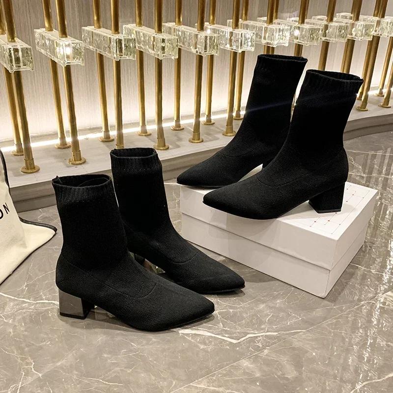 Knitted Women's Ankle Boots 2026 Spring New Fashion Shoes for Women Pointed Toe Elasticity Chunky Heel Sock Short Boots Zapatos