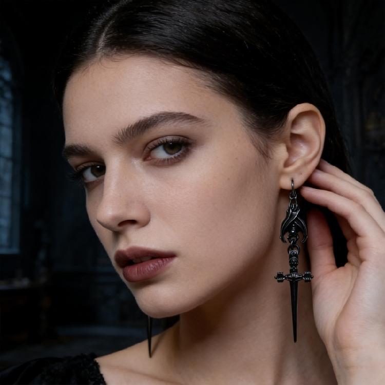 Fashionable Black Bat And Swords Earrings Punk Gothic Jewelry Fashion Accessory For Role Play Costume