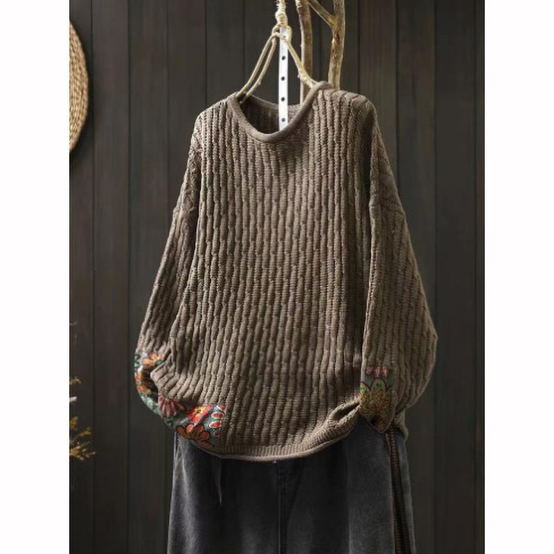 Winter Fall Fashion Vintage Sweater Women's O Neck Loose Casual Lazy Style Casual Pullover Flower Print Patchwork Knitwear