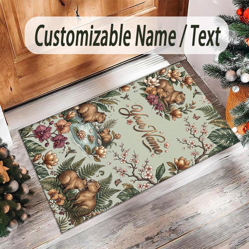 Forest Nature Theme Crystal Velvet Rug Personalized Custom Name Text Soft Floor Mat Home Decor