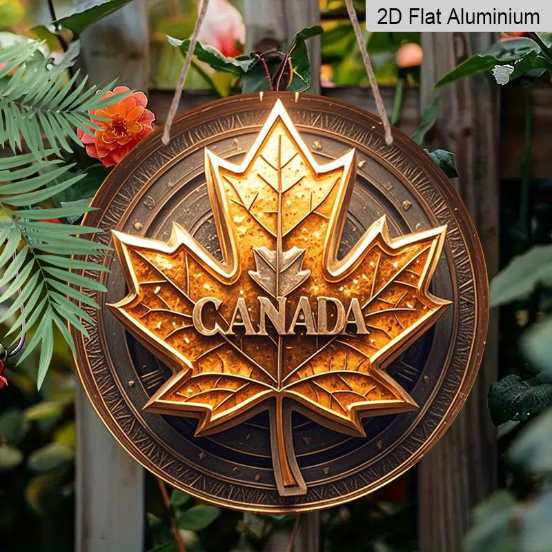 2D Flat Printing, 1pc Round Aluminum Canada Maple Leaf Metal Sign, Vintage Gold Embossed-Style Patriotic Wall Plaque, Durable Weatherproof Wall