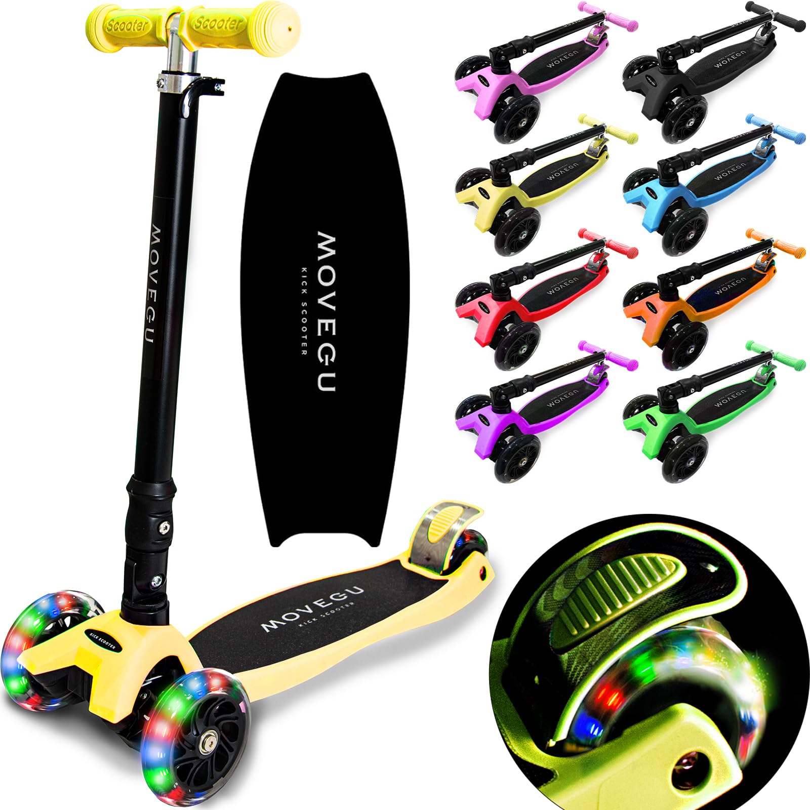 

MOVEGU Kids Kick Scooter Three-Wheel Bicycle 4-Stage Height Adjustable Lightweight Durable Foldable Portable Yellow Load Capacity 50kg Rear Brake Toy