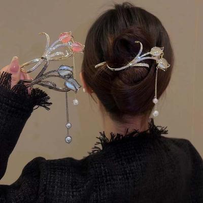 Neue Retro Tulpen Quaste Gedrehte Spange für Damen Mode Elegant Opal Stein Pferdeschwanz Haarnadel Einzeilige Spange Haaraccessoires