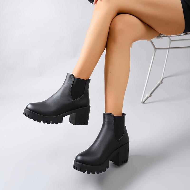 Autumn and winter new large size thick heel Martin boots women's platform short boots high heel leather boots