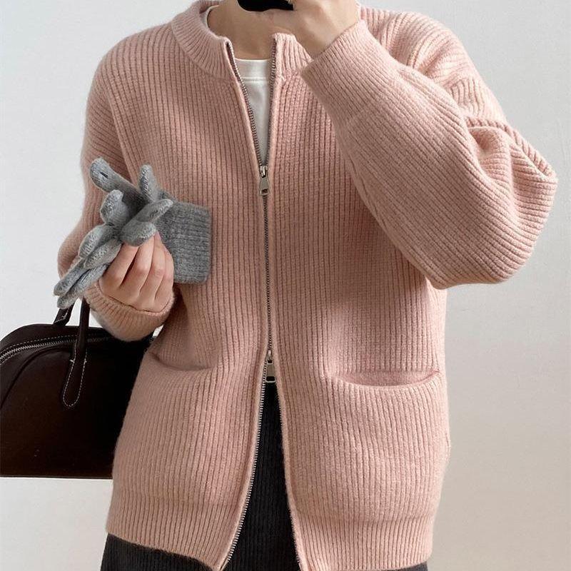 Double zipper solid color design sweater cardigan women's spring and autumn new Korean loose casual knitted sweater women