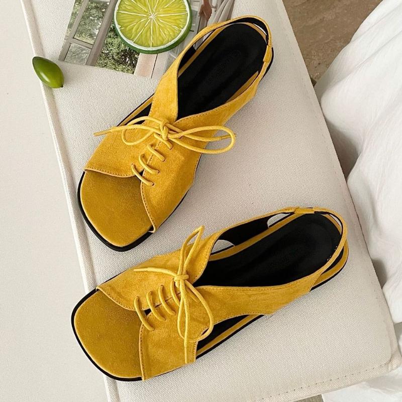 Fashion Fashion Square Toe Lace Up Flat Sandals Women High Quality Faux Suede Brand Designer Shoes Comfortable Soft Sole Sandalias Mujer