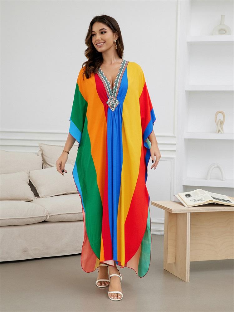 EDOLYNSA Flag Color Printed Boho Hand-knit V Neck Bat Sleeve Beach Dress 2024 Summer Women Loose Kaftan Beachwear Swimsuit Cover Up