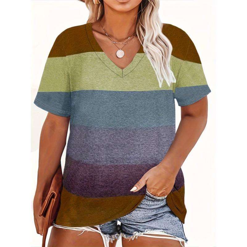 Summer V-neck 3D Stripe Color Matching Printed Top Fashionable Casual Short Sleeved Women's T-shirts