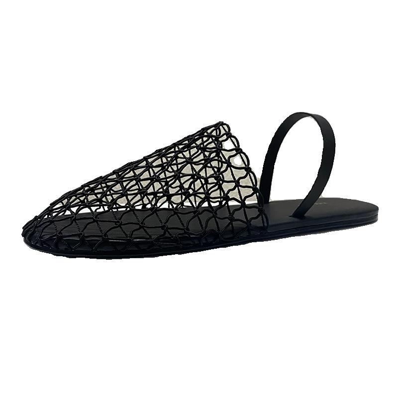 Französische Retro-Hohlfischernetz-Oberfläche gewebte Tasche Kopfsandalen Damen 2025 neue flache Sohle bequeme lässige Hausschuhe Außenschuhe