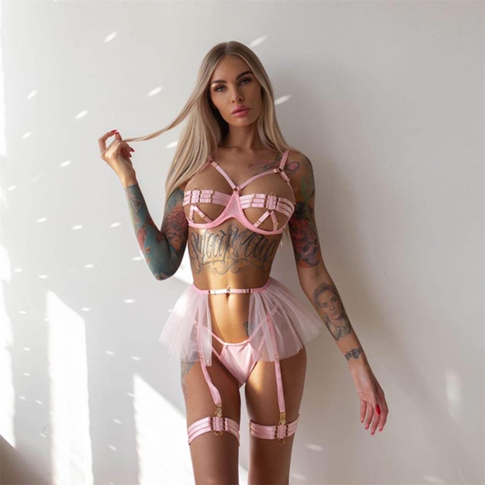 Aduloty Summer Women's Sexy Lingerie Underwire Bra Lace Stitching Garter Leg Ring Thin Section Temptation Erotic Underwear Set