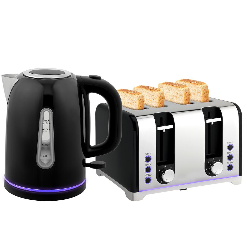 Kettle and Toaster Set, 1.7L 3000W Rapid Boil Jug Kettle with Otter Thermostat, Limescale Filter, 4 Slice Toaster with 7 Browning Controls