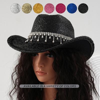 Popular Men's and Women's Brushed Senior Top Hats, Luxury Colored Rhinestones with Pearl Pendants, Women's Hats, Party Engagement