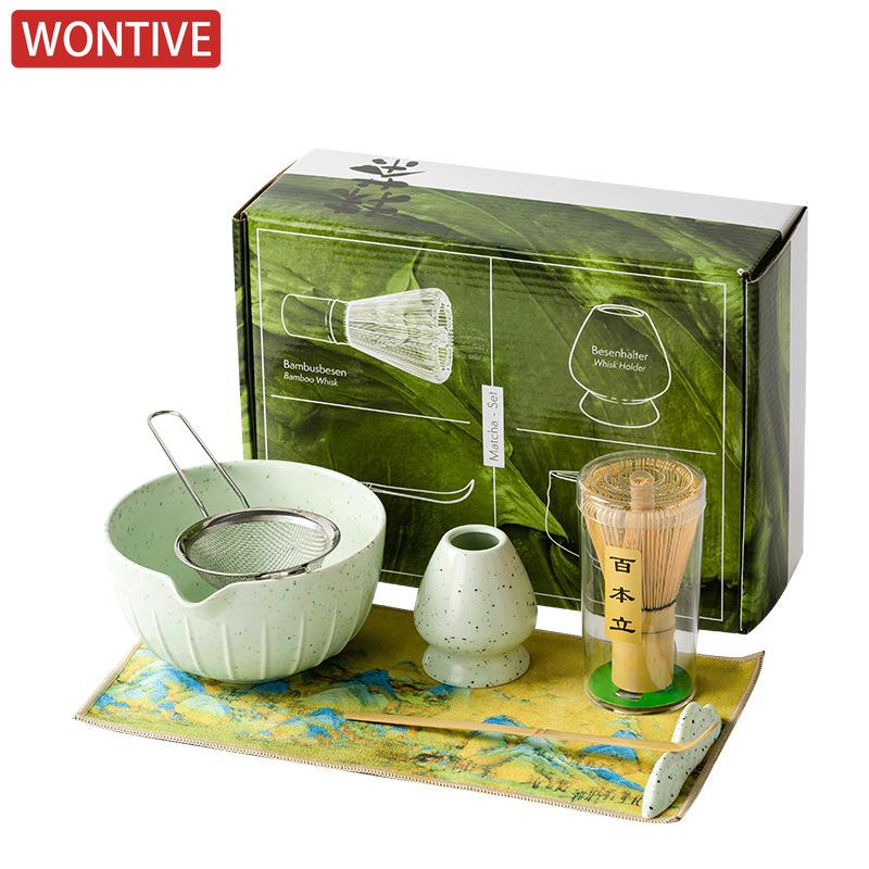 Zestaw Japońskiej Matchy 4/7 Szt. z Wypukłą Ceramiczną Miseczką, Bambusową Ubijaczką Matcha i Łyżeczką do Herbaty do Samodzielnego Robienia Herbaty, Akcesoria