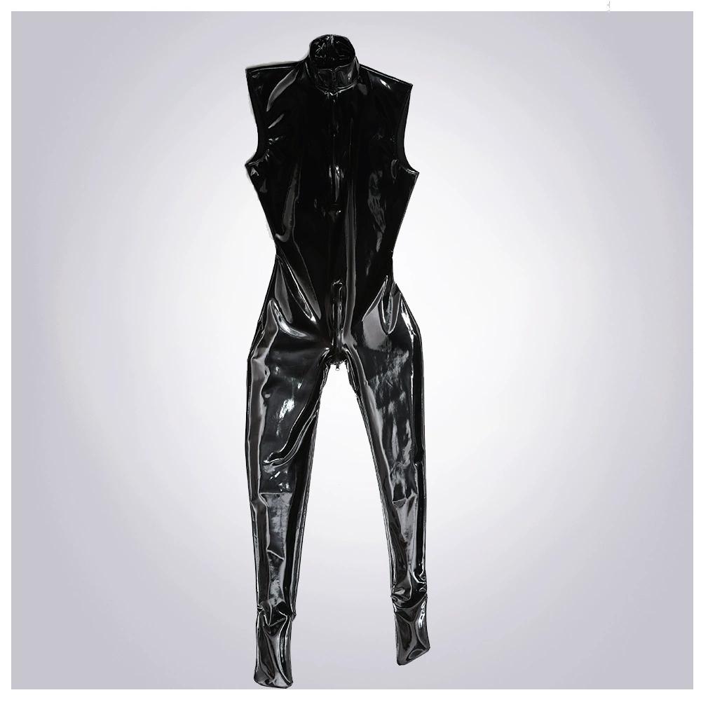 Sexy Men Elastic Pu Bodysuit Sleeveless Zipper Open Crotch Sexy Tights Pvc Latex Glossy Shiny Stage Dance Wear Plus Size