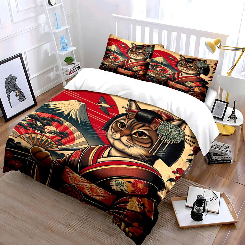 Japanese Style Cat Art Decor Bedding Set with 1 Duvet Cover 2 Pillowcases Single Double King Queen, Gift