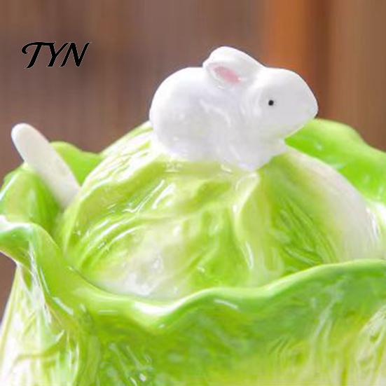 Home Kitchen Countertop Decor Ceramic Cabbage Shaped Lard Jar with Lid Spoon, 350ml Sealed Artistic Condiment Seasoning Container, Multi Purpose