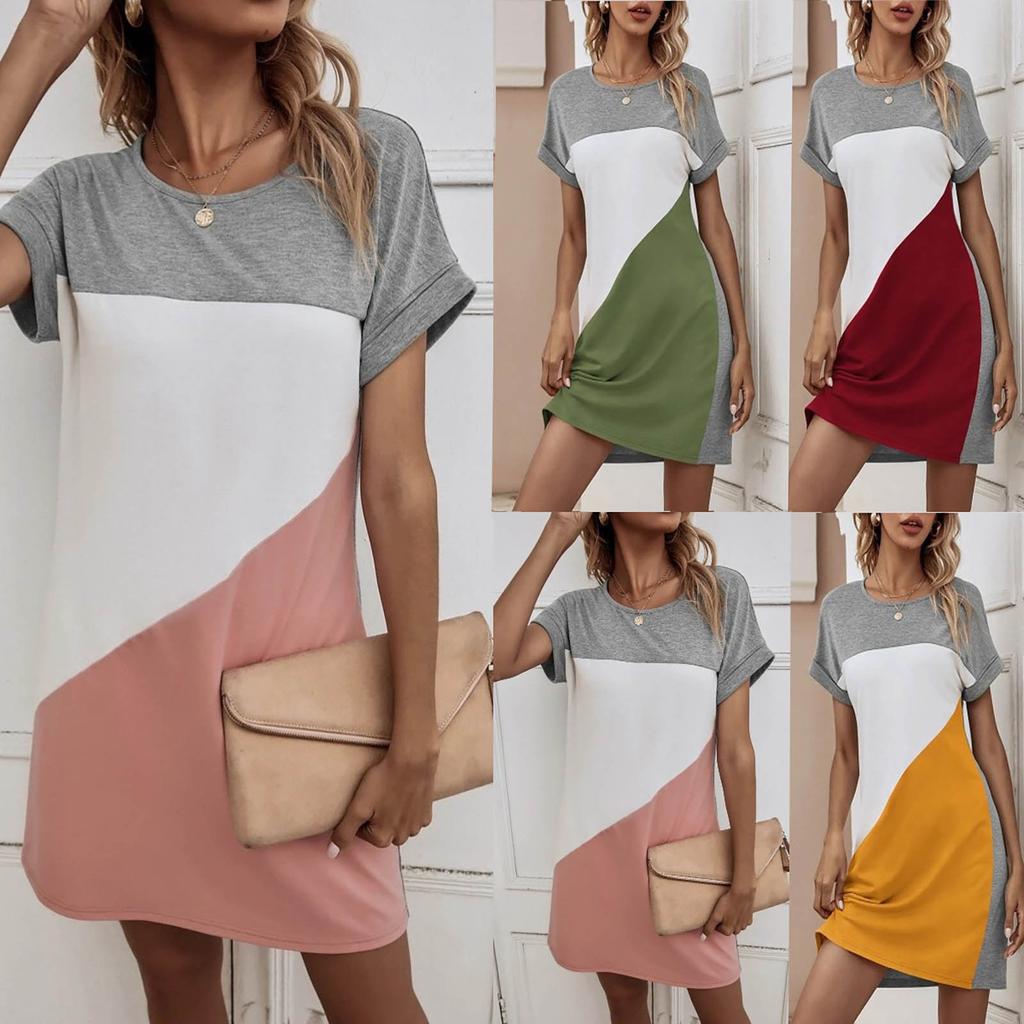 Round Neck Sexy Loose Short-sleeved A-line Skirt Irregular Color Contrast Dress