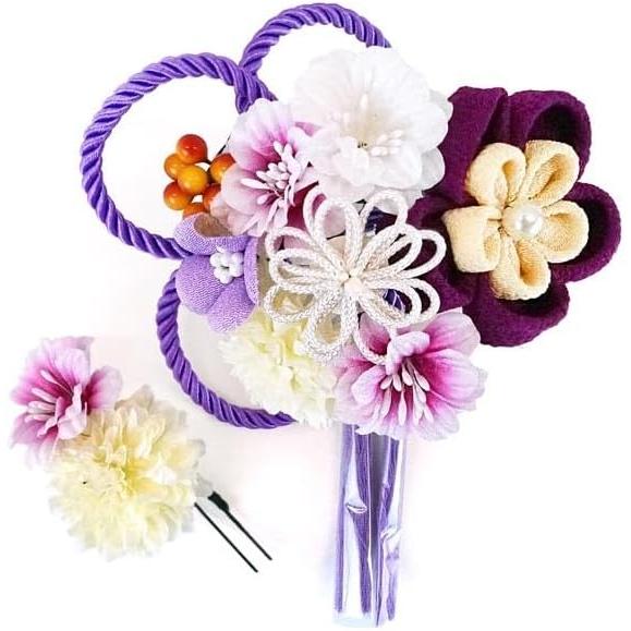 Hair Accessory Set of 2, kk-077, Red & Purple, Tsumami Zaiku Chirimen, Furisode, Coming-of-Age Ceremony, Flower Hair Comb (Purple & White),