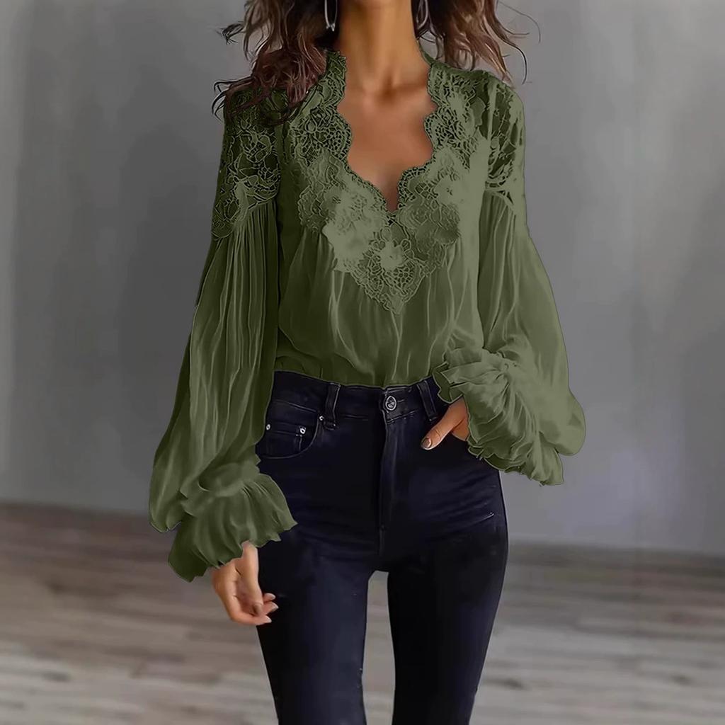 Damen Bluse mit muschelförmigem V-Ausschnitt, floraler Spitze, eingesetzten Puffärmeln, langen Ärmeln und Rüschenbündchen