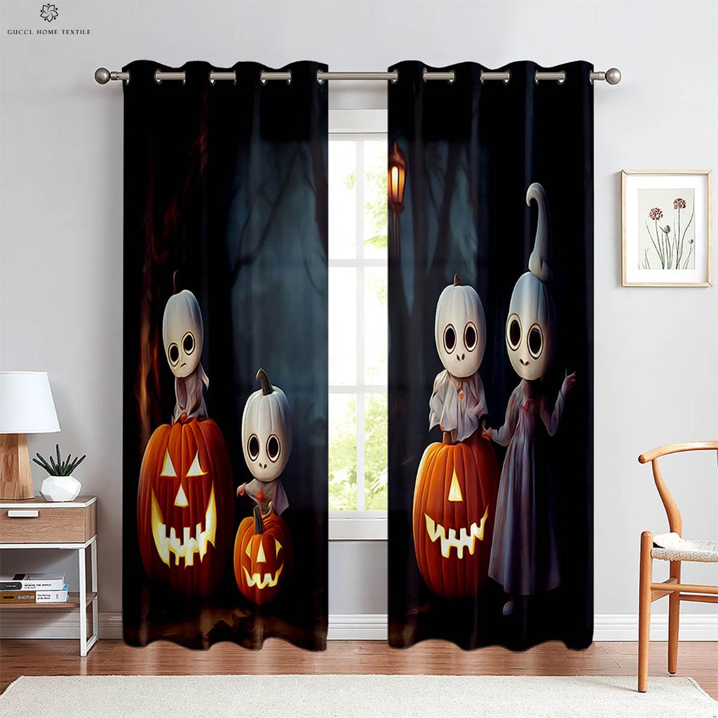 Cartoon Print Curtains, Horror Skull, Pumpkin, Bedroom, Living Room, Restaurant, Holiday Party, Decorative, 2 Pcs