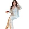 New Ice Silk Pajamas Women'S Summer Suit Student Girl Long-Sleeved Trousers Two Pieces Silk Loungewear