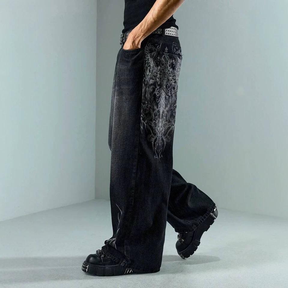European and American street new pattern printing jeans retro street trendy straight jeans
