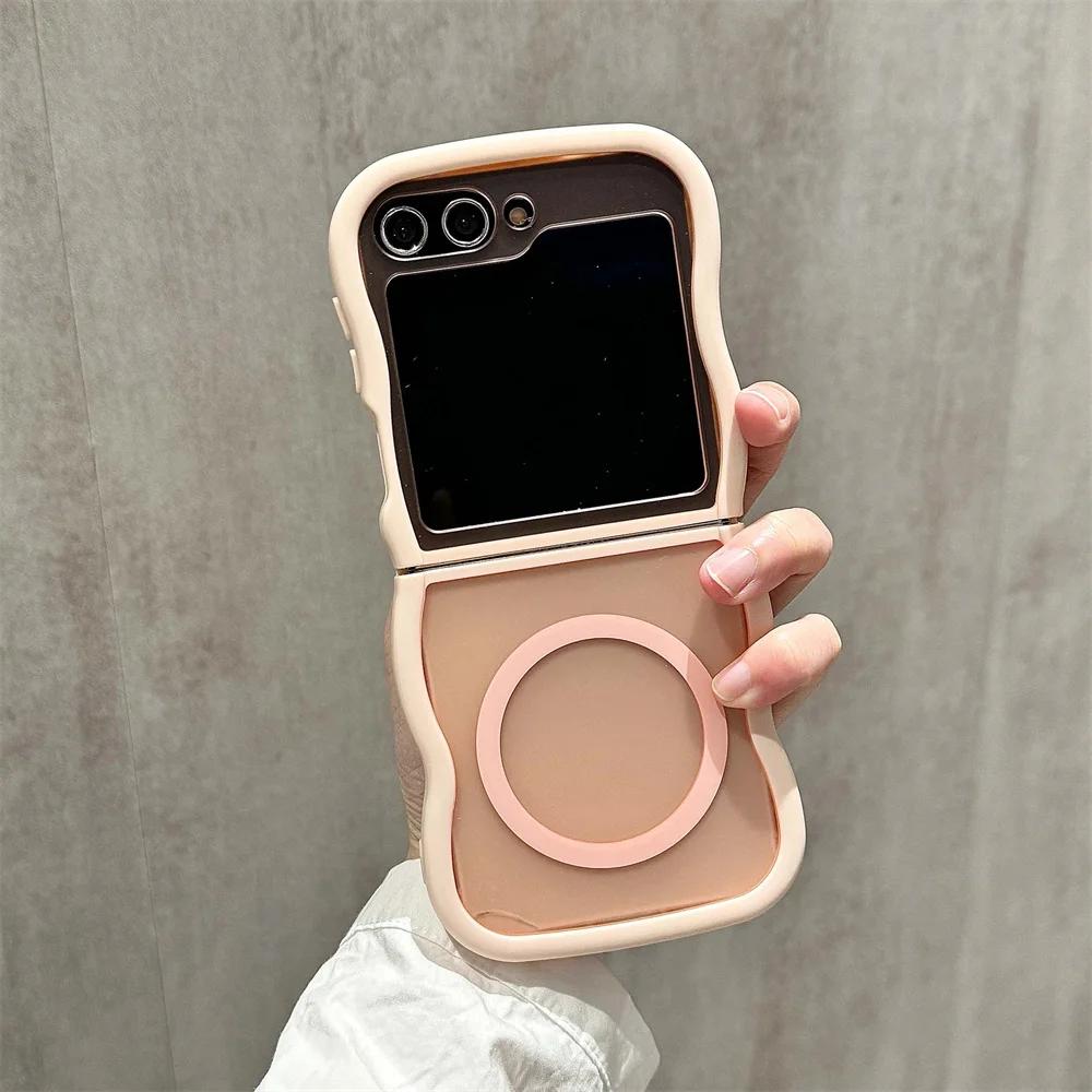 Curly Wavy Frame Hard Translucent Matte Clear Cover For Samsung Galaxy Z Flip 6 5 4 3 5G For Magsafe Magnetic TPU Phone Case