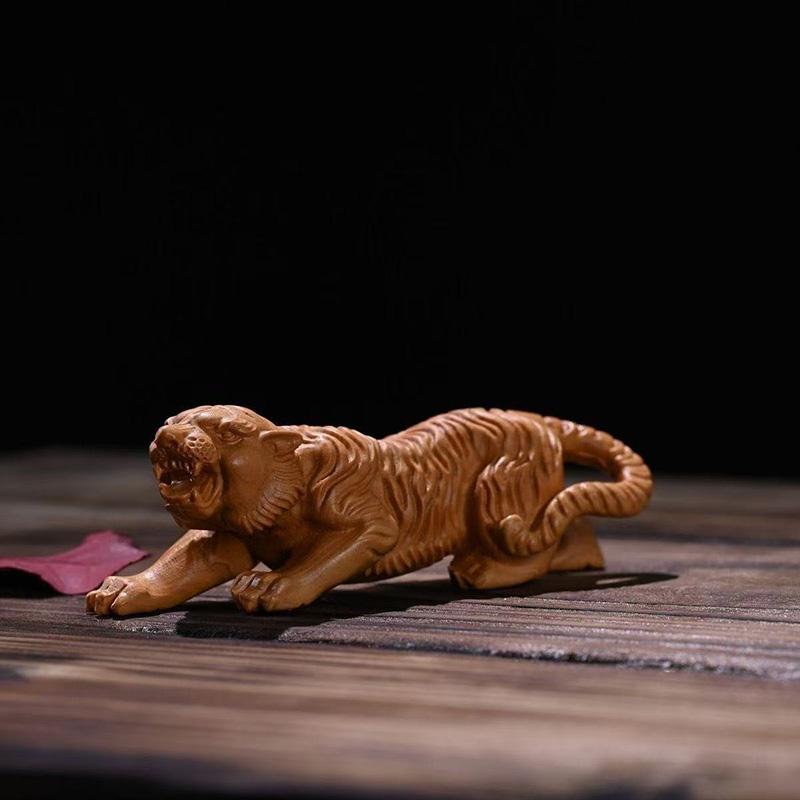 Wood Carving Tiger Baby Sculptures and Figurines Chinese Characteristic  Home Room Office Table Decoration and Accessories