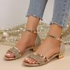 New Summer Thick Heel Large Size Sandals Women's Korean Version Fashion Rhinestone Button Open Toe Low Heel Roman Women's Shoes