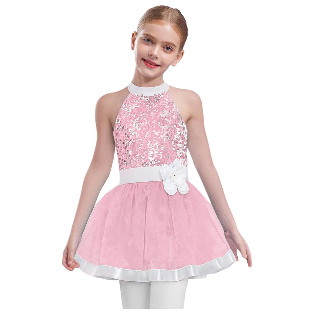 Rochie Tutu pentru Fete Corset cu Paiete Fustă Tulle Stratificat Fără Mâneci Spate Decupat Pantaloni Scurți Incorporați Costum Balet