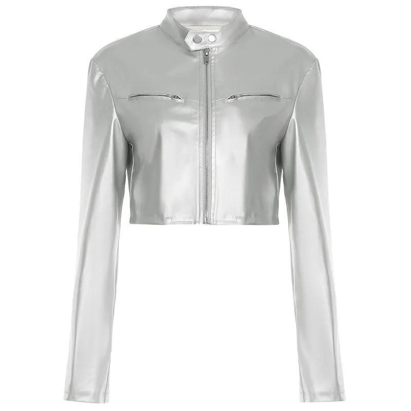 Womens Short PU Leather Jacket American Tech Style Slim Fit Stand Collar Zip Up Outerwear