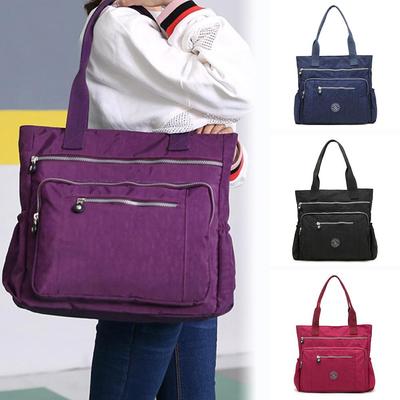 Solid Color Multi Pocket Zip Handbag Nylon Shoulder Storage Bag KTY