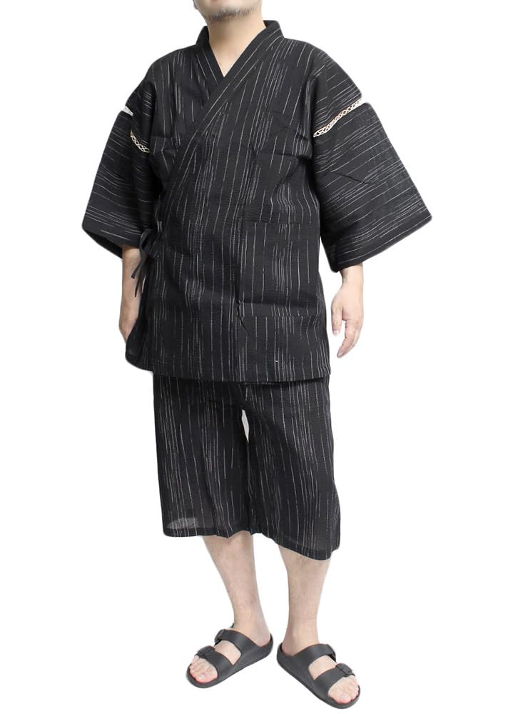 One Colors Shijira Weave Jinbei Japanese Solid Size 3L Men's Set, Pattern, Color, Striped, Black, (4)