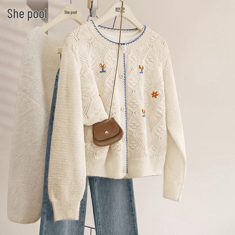 Fresh Embroidered Hollow Knit Cardigan One Size