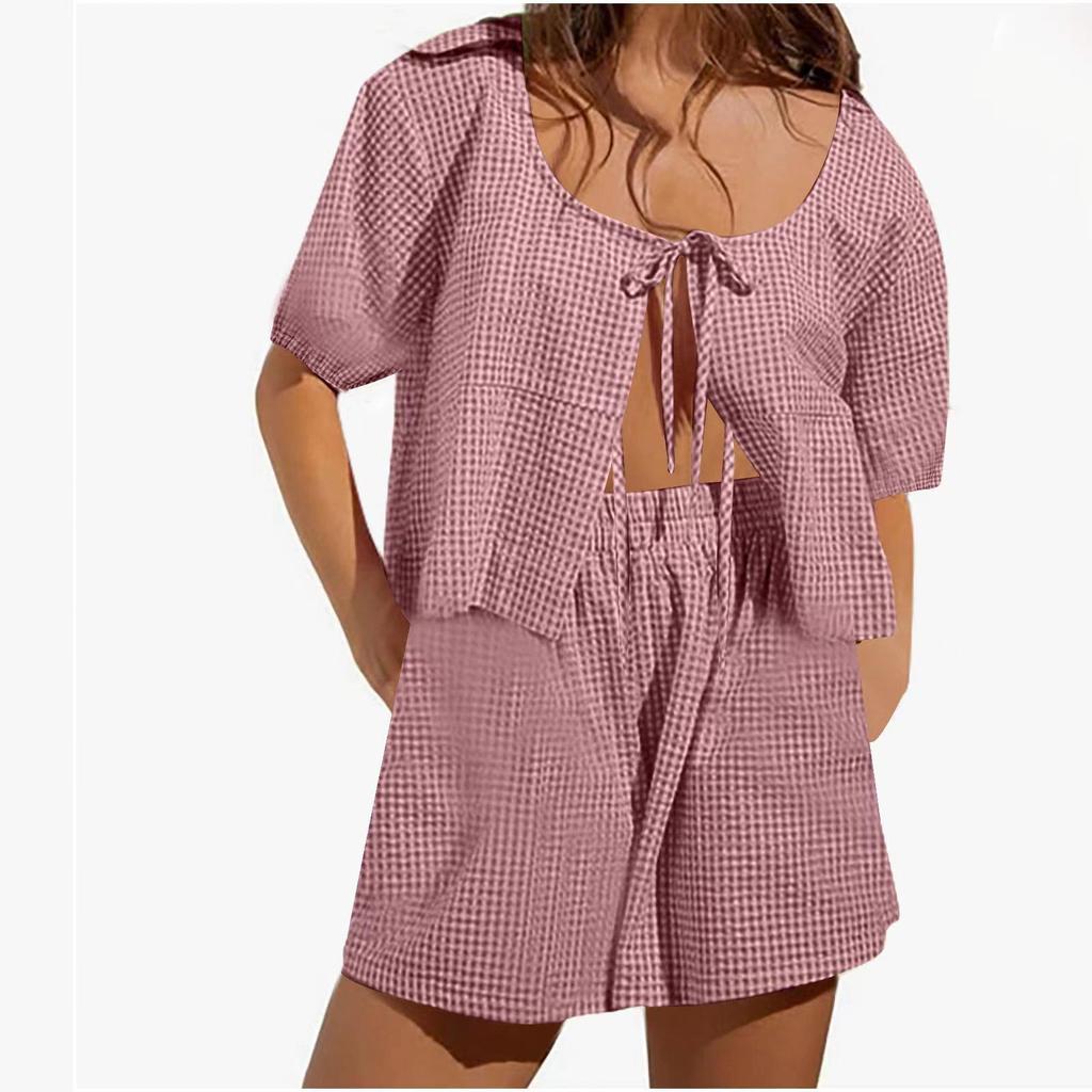 Summer Vintage Plaid Outfit Loose V Neck Puff Sleeve Front Tie-Up Blouse Top Shorts Women 2 Piece Set