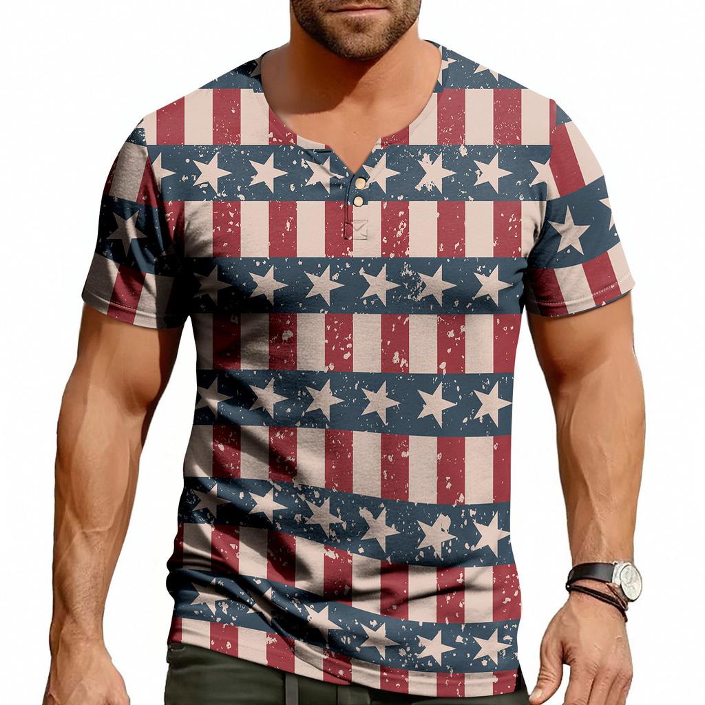 Men's Casual Summer V-neck Short Sleeved Top With Buttons, Independent Day Print Short Sleeved Top