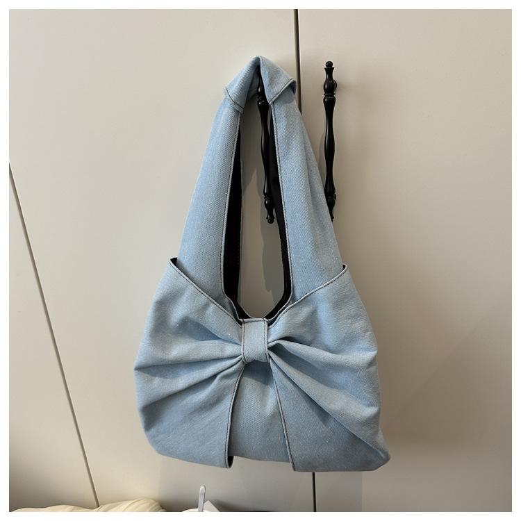 Sweet Bowknot Design Women's Denim Shoulder Bags Commuter Thread Ladies Handbags Casual Lightweight Female Underarm Tote Bag