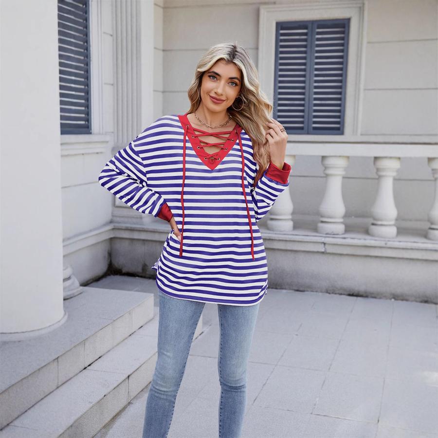 Spring/Summer New Style Striped V-Neck Sweatshirt with Tying Long Sleeve for Women