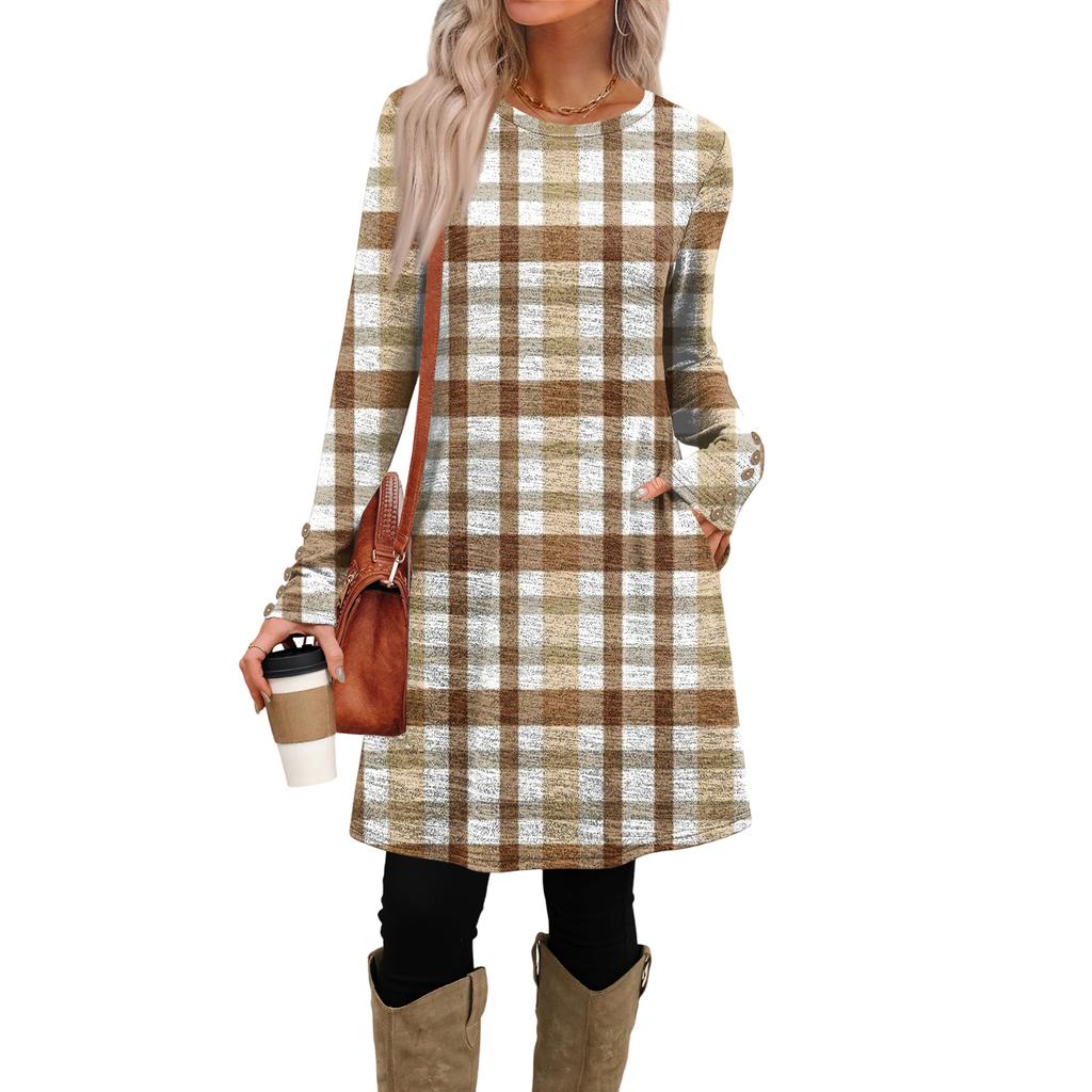Women's Fashion Casual Dress With Pockets, Decorative Buttons, Round Neck And Long Sleeves