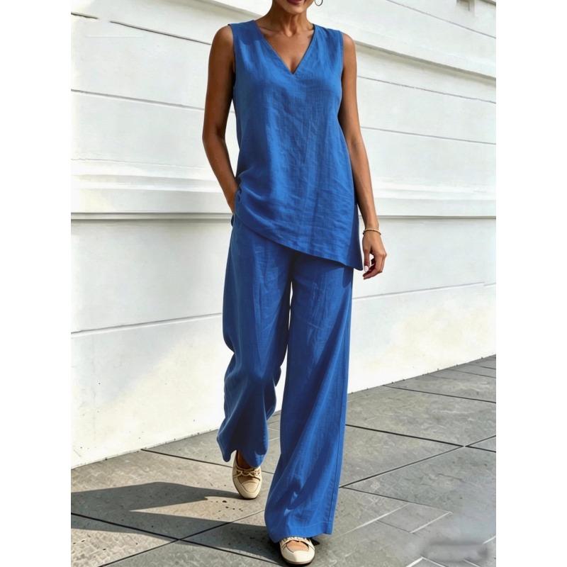PEYWOW Costume de pantaloni casual de modă pentru femei, fără mâneci, cu decolteu în V