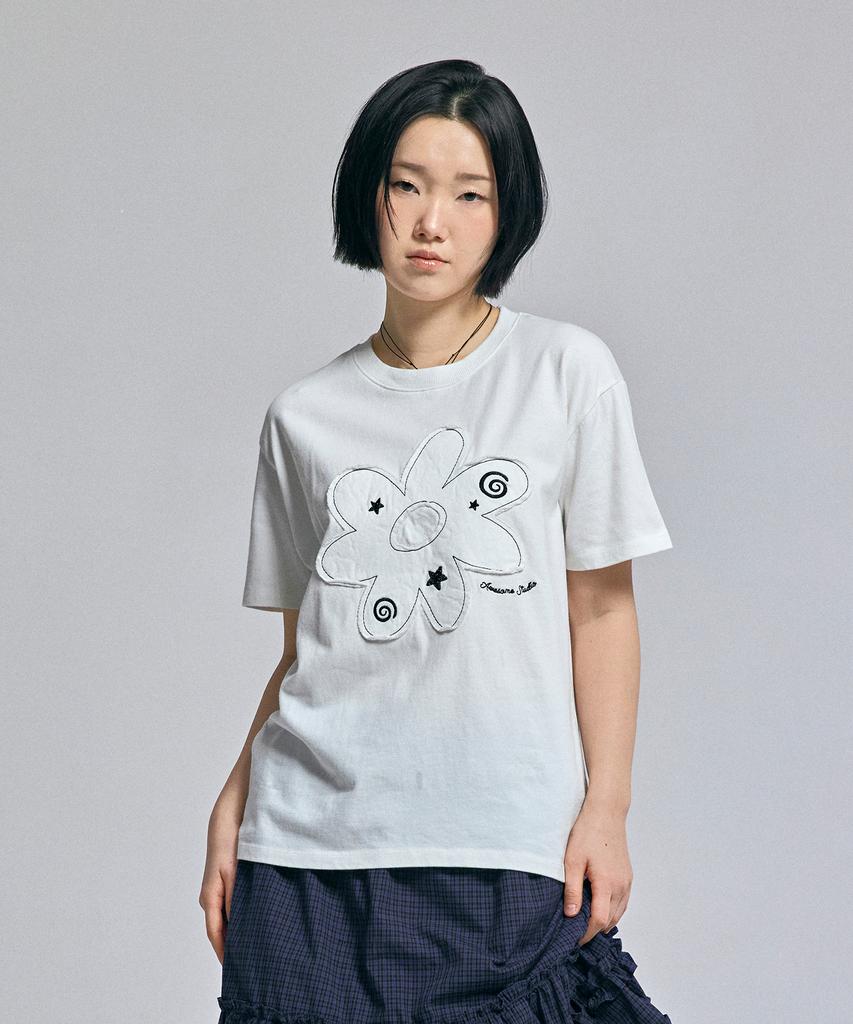 AWESOME STUDIO Flower Patchwork Short Sleeve T-Shirt Ivory