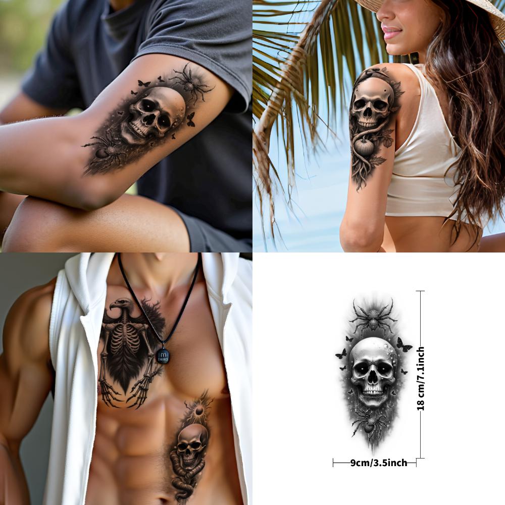 3pcs Temporary Tattoo Realistic Temporary Tattoos Skull Tattoo Abstract Artistic Design Flower Tattoo For Thighs Arms Women
