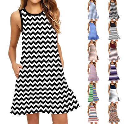 Women's Fashion Beach Dress Sleeveless Round Neck Stripe Print Dress